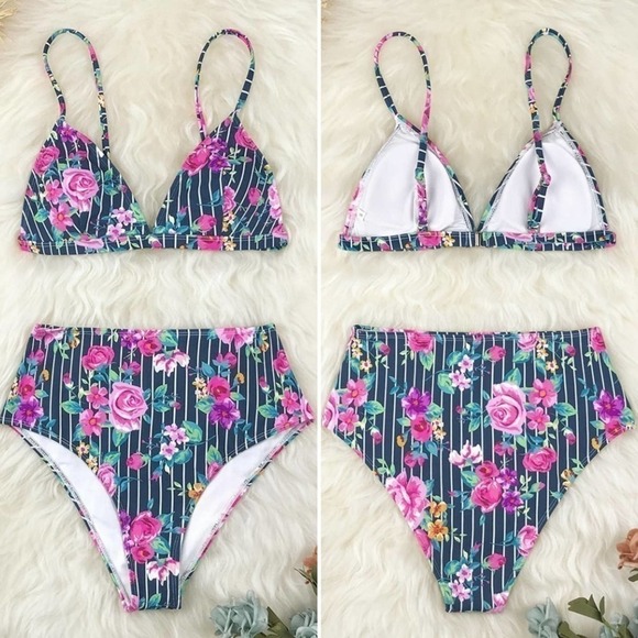 Floral And Striped High Waisted BikiniSz L - Picture 13 of 14